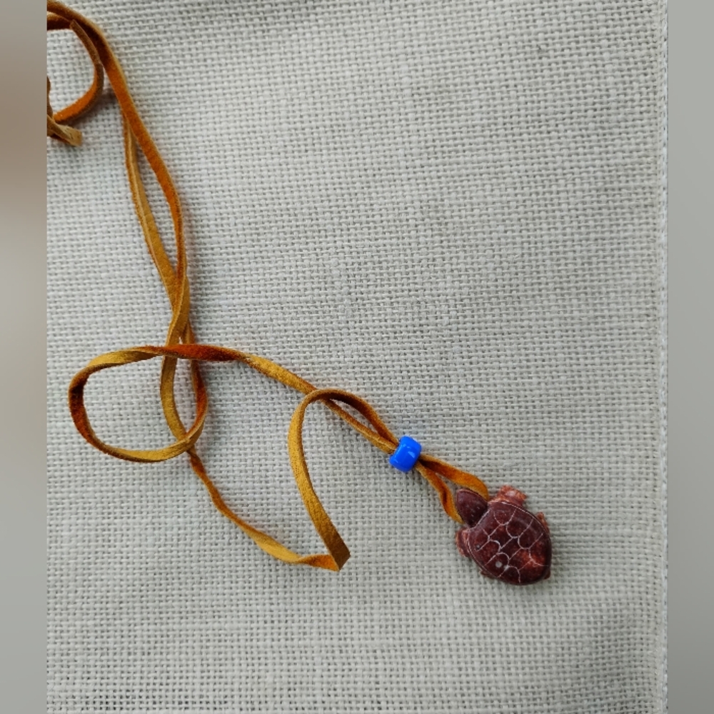Orange Suede Leather Necklace with Natural Stone Turtle Pendant Unisex Jewelry